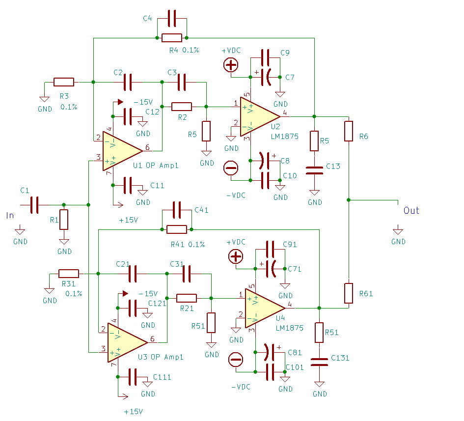 Ultra high fidelity LM1875 parallel composite amplifier circuit